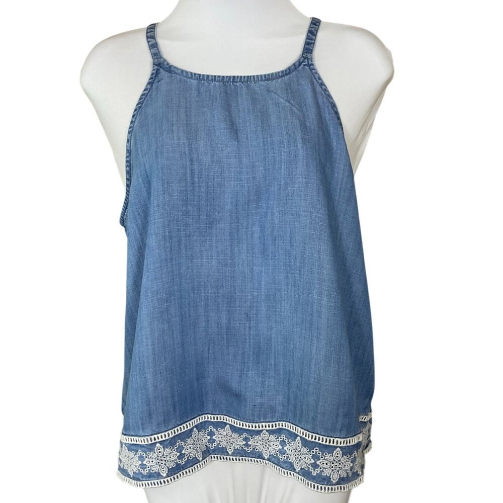 Vineyard Vines Shoreline Embroidered Cut Out Floral Hem Chambray Halter Top Sm